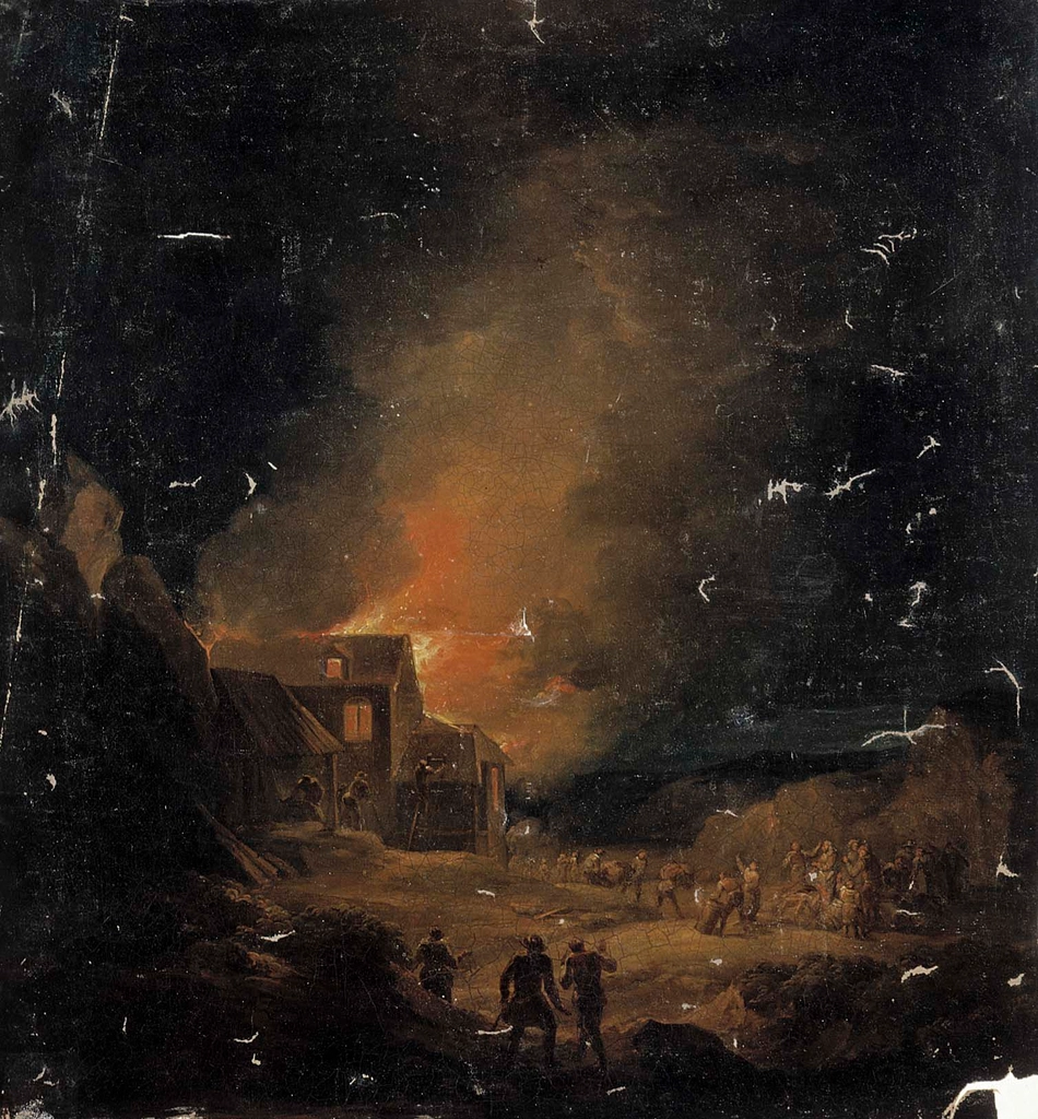 The burning of a house with fraying edges.